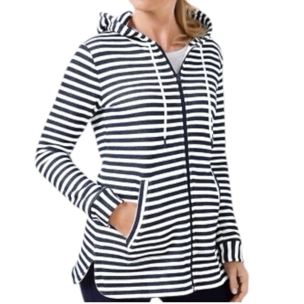 T By Talbots Vale Stripe French Terry Hood Pocket Zipper Jacket Women’s Size 2X